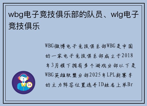 wbg电子竞技俱乐部的队员、wlg电子竞技俱乐