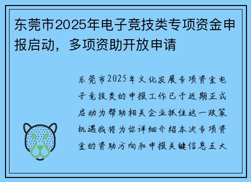 东莞市2025年电子竞技类专项资金申报启动，多项资助开放申请